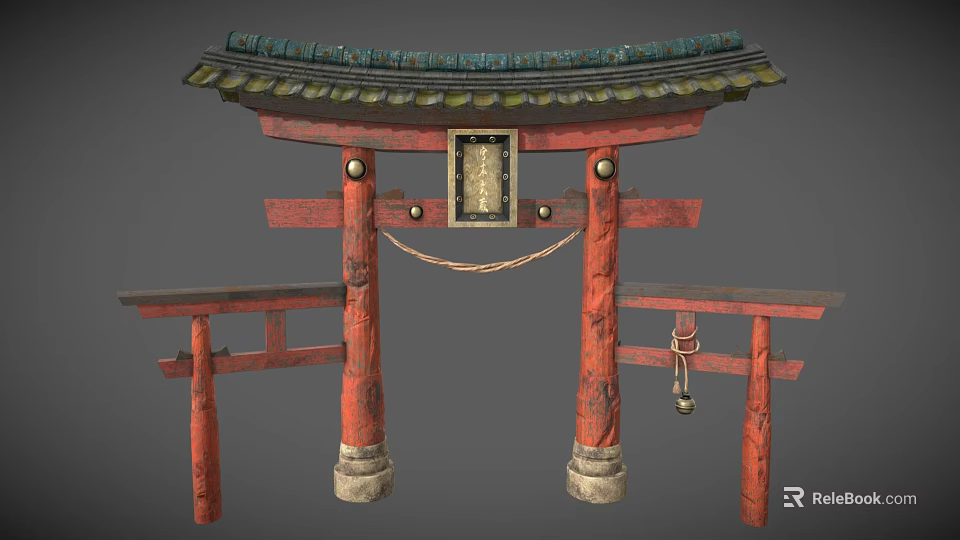 Traditional Chinese Archway Wooden Structure With Carved Roof Tiles And Red Pillars 3d model 