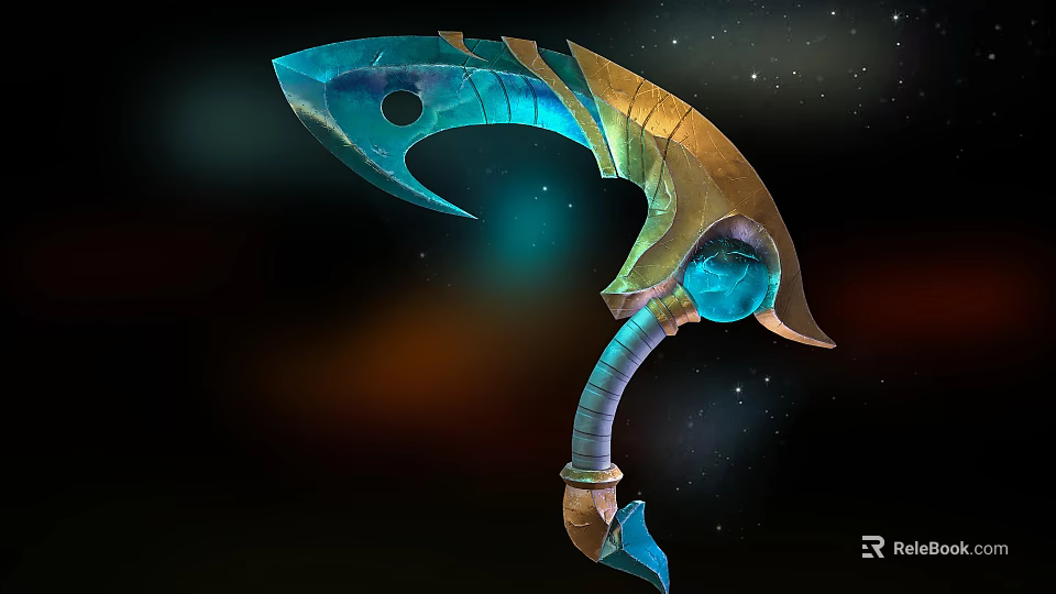 Fantasy Weapon With Blue Crystal And Golden Curved Blade On Starry Background 3d model 