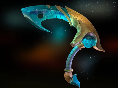 Fantasy Weapon With Blue Crystal And Golden Curved Blade On Starry Background 3d model