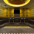 Yellow Themed KTV Interior Design With Brown Leather Sofas And Circular Ceiling Lighting