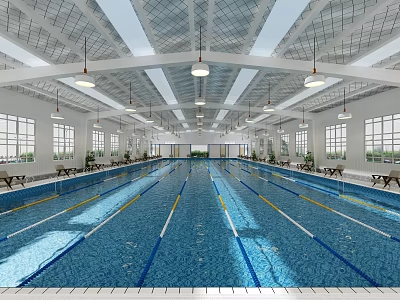 Indoor Swimming Pool Featuring Multiple Lanes Bright Lighting And Large Windows 3d model