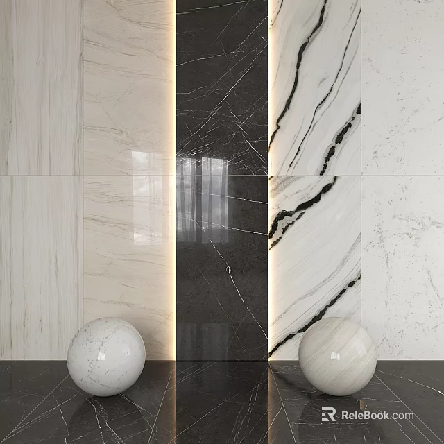 Elegant Marble Wall Components Featuring Varied Textures Light Strips And Decorative Spheres 3d model