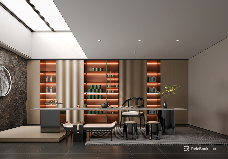 Contemporary Tea Room Interior with Wooden Tea Shelves Stone Table Comfortable Seats and Potted Plants 3d model 