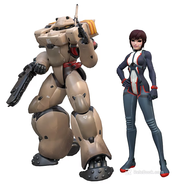 Intelligent Machine Armored Combat Robot With Female Pilot In Tactical Uniform 3d model 