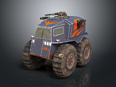 Futuristic Military Weapons Mounted on Off Road Vehicle With Large Tires and Orange Accents 3d model