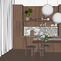 Restaurant Interior With Wooden Cabinets Green Plant Marble Countertop Dining Table Chairs And Pendant Lights