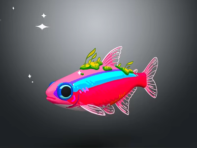 Cute Pink Fish With Blue Stripe Green Decorations And Big Eyes In Starry Background 3d model