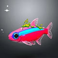 Cute Pink Fish With Blue Stripe Green Decorations And Big Eyes In Starry Background