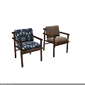 Modern Armchair With Wooden Frame And Blue White Floral Upholstered Seat