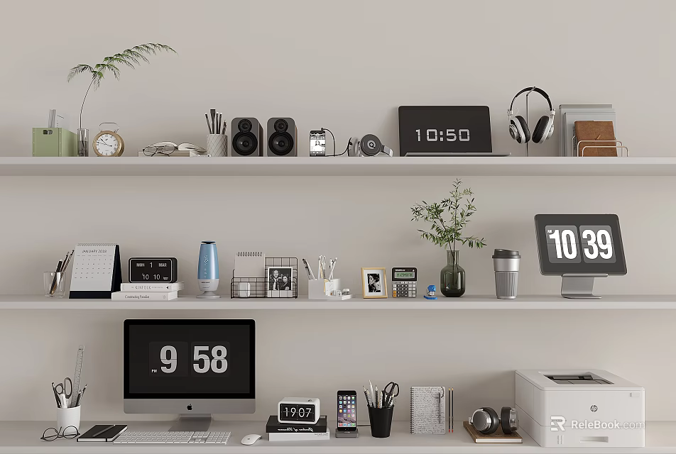 Neat Office Shelves With Notebook And Essentials 3d model 