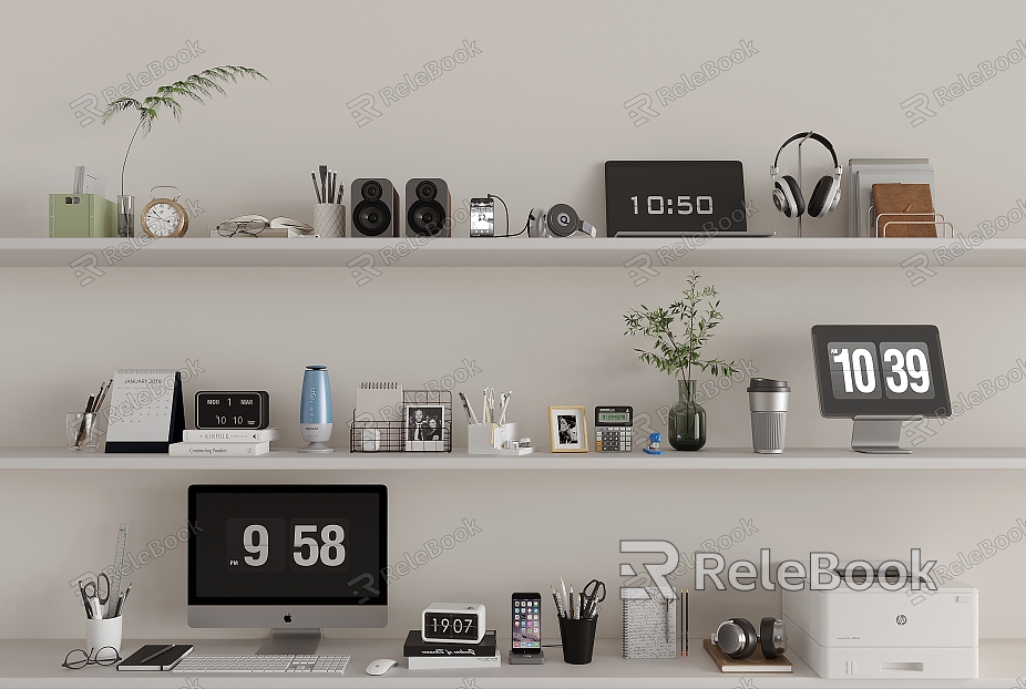 Office Supplies Computer Laptop Bookshelf Pen Drill Electronic Watch Headset Mobile Phone Vase Audio Printer Eye Notebook model