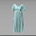 Elegant Teal V Neck Pleated Dress With Puffed Sleeves And Long Flowy Design