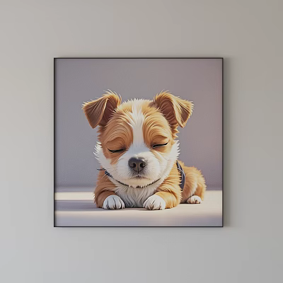 Cute Puppy Animal Painting with Closed Eyes Lying on Light Surface Canvas Artwork 3d model
