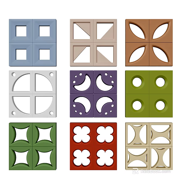 Square Decorative Architectural Panels With Various Colors And Geometric Cutout Patterns 3d model 