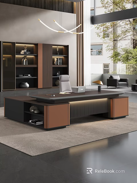 Modern Office Interior With Executive Desk Designer Lamp Ergonomic Chair And Bookshelves 3d model 
