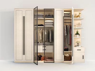 Modern White Wardrobe With Glass Doors And Interior Storage For Hanging Clothes And Folded Garments 3d model