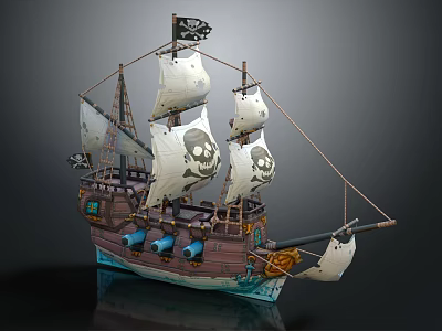 Pirate Ship With White Sails And Skull Jolly Roger Flags 3d model