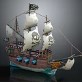Pirate Ship With White Sails And Skull Jolly Roger Flags