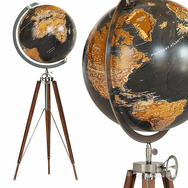 Wall Decor Featuring Black Gold Globe with Tripod Stand and Detailed Geography 3d model 