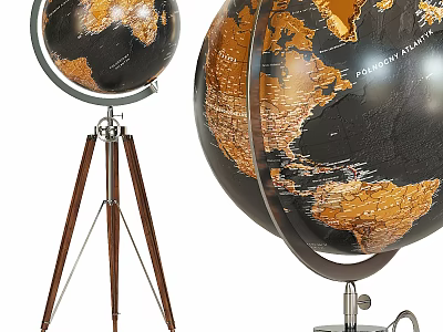 Wall Decor Featuring Black Gold Globe with Tripod Stand and Detailed Geography 3d model