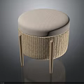 Round Rattan Stool with White Padded Seat and Wooden Legs Design