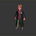 Red Haired Man in Black Robe with Red Sweater and Badge Gray Pants Gray Shoes