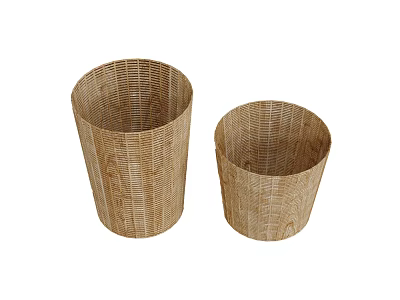 Two Cylindrical Woven Trash Bins In Natural Color With Different Sizes For Home Use 3d model