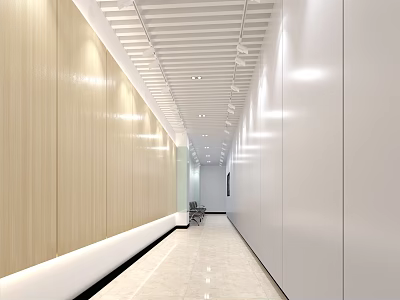 Modern Elevator Hallway With Wooden White Walls Linear Ceiling Recessed Lighting And Light Floor Tiles 3d model