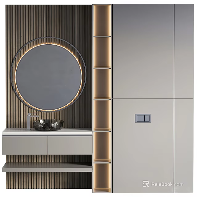 Modern Bathroom Vanity With Illuminated Round Mirror Wooden Paneling And Storage Cabinet 3d model 