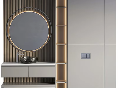 Modern Bathroom Vanity With Illuminated Round Mirror Wooden Paneling And Storage Cabinet 3d model
