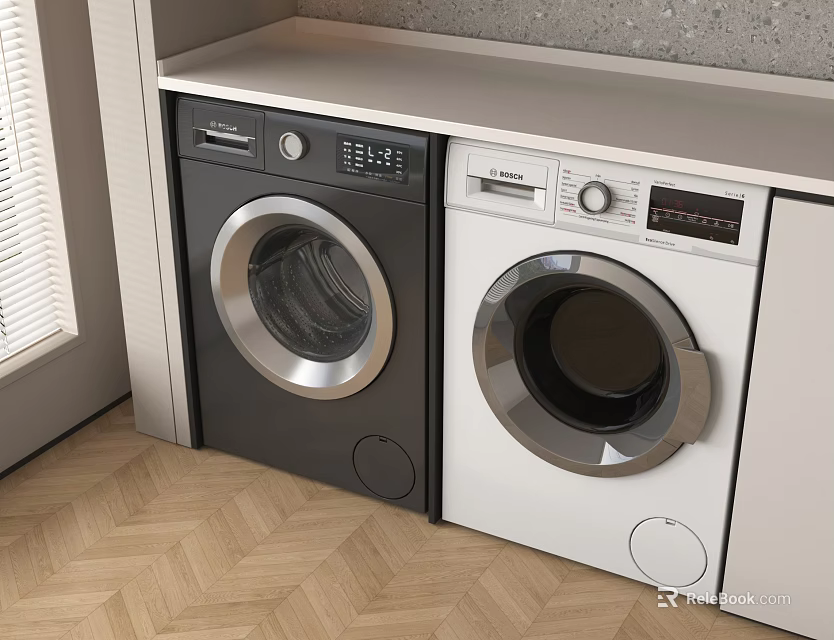 Black and White Front Load Washing Machines in Modern Laundry Room With Wooden Floor 3d model 
