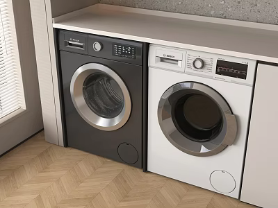 Black and White Front Load Washing Machines in Modern Laundry Room With Wooden Floor 3d model