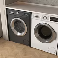 Black and White Front Load Washing Machines in Modern Laundry Room With Wooden Floor