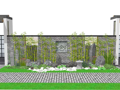 Garden Ornament Featuring Brick Wall Bamboo Plants Decorative Stones Circular Lattice and Stone Pavement 3d model