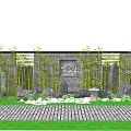 Garden Ornament Featuring Brick Wall Bamboo Plants Decorative Stones Circular Lattice and Stone Pavement