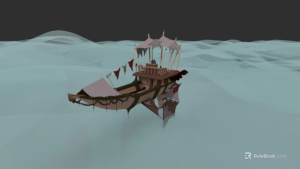 3D Model Sailing Ship With Wooden Structure Sails Flags And Canopy Floating On Water 3d model 