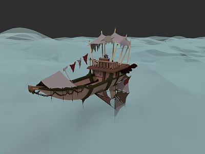 3D Model Sailing Ship With Wooden Structure Sails Flags And Canopy Floating On Water 3d model