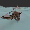 3D Model Sailing Ship With Wooden Structure Sails Flags And Canopy Floating On Water