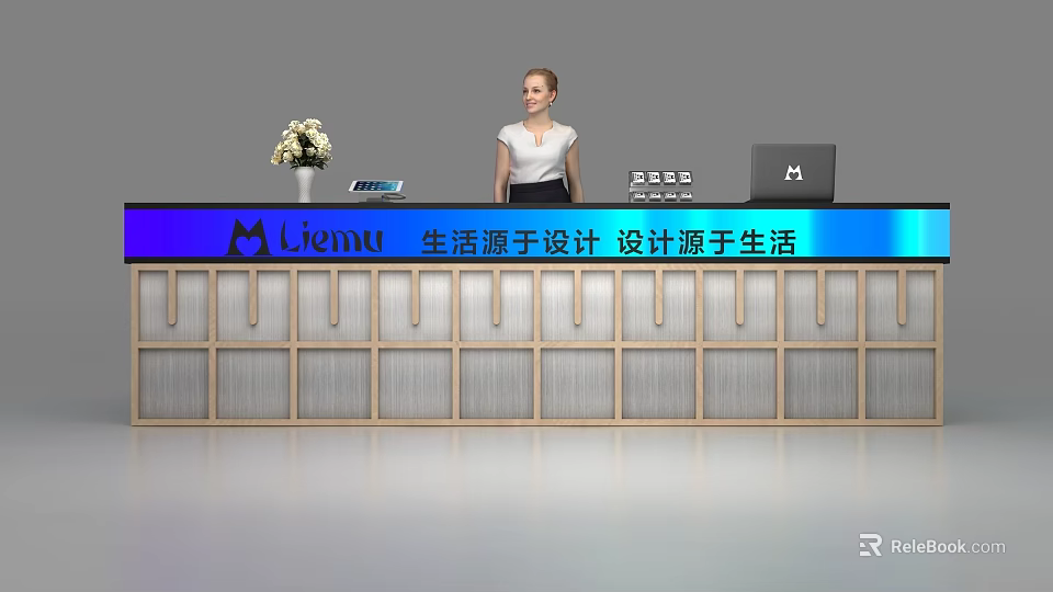 Modern Liemu Reception Desk with Receptionist Flower Arrangement Tablet and Laptop 3d model 