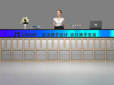 Modern Liemu Reception Desk with Receptionist Flower Arrangement Tablet and Laptop 3d model