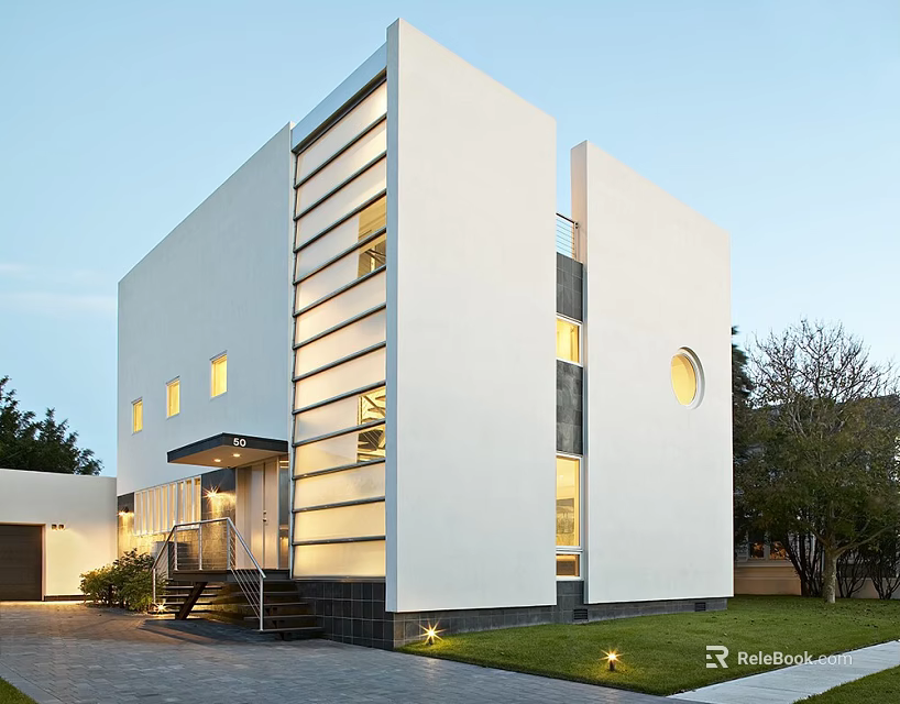 Modern Detached House With White Exterior Large Glass Windows Steps And Green Lawn 3d model 