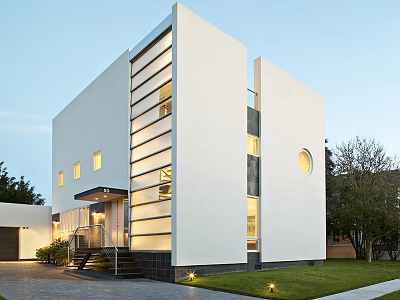Modern Detached House With White Exterior Large Glass Windows Steps And Green Lawn 3d model