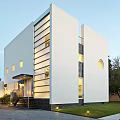 Modern Detached House With White Exterior Large Glass Windows Steps And Green Lawn