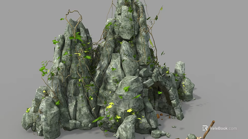 Natural Rock Formation with Wood Log Vines and Green Leaves in Outdoor Scene 3d model 