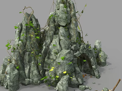 Natural Rock Formation with Wood Log Vines and Green Leaves in Outdoor Scene 3d model