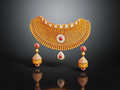 Golden Necklace and Earrings Featuring Red Gemstones Small White Gemstones Teardrop Pendant on Black Background 3d model