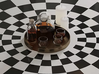 Ceramic Wares Set with Jug and Cups on Round Tray and Candles Over Checkered Table 3d model