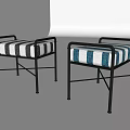 Modern Stools Featuring Black Metal Frames And Gray Blue Striped Fabric Seats