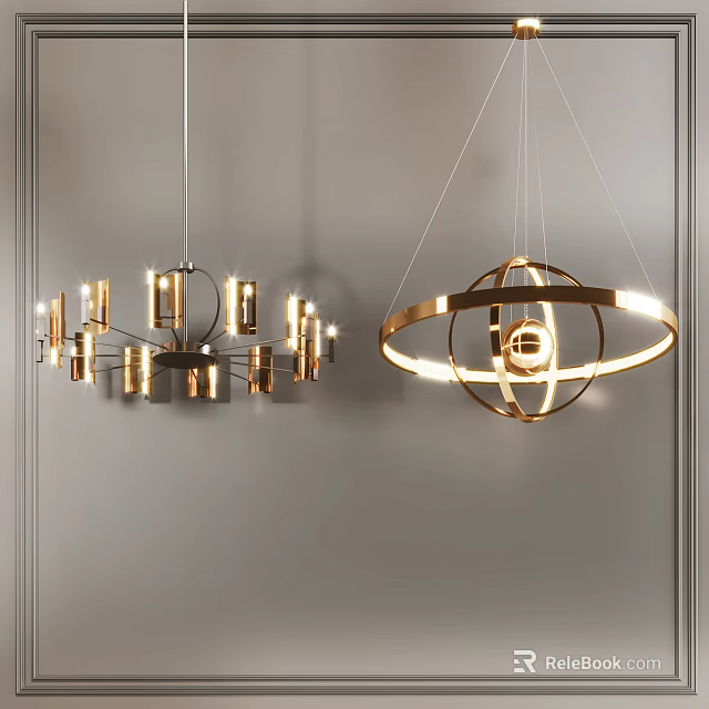 Modern Chandeliers with Gold Spherical Ring Structure and Warm Lighting Design 3d model
