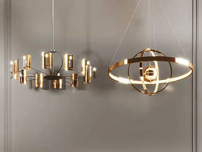 Modern Chandeliers with Gold Spherical Ring Structure and Warm Lighting Design 3d model